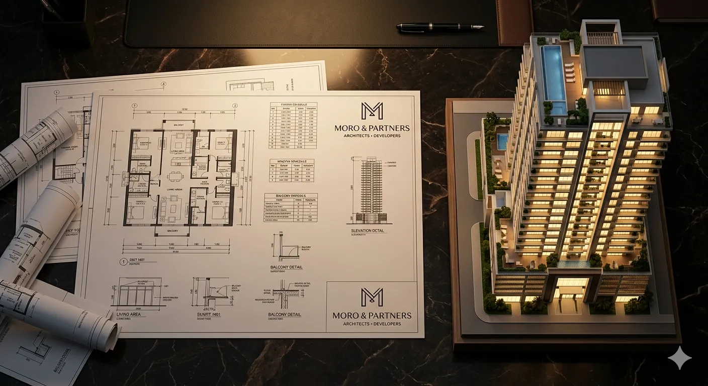 Architectural blueprint and building model representing Moro & Partners real estate consulting practice areas