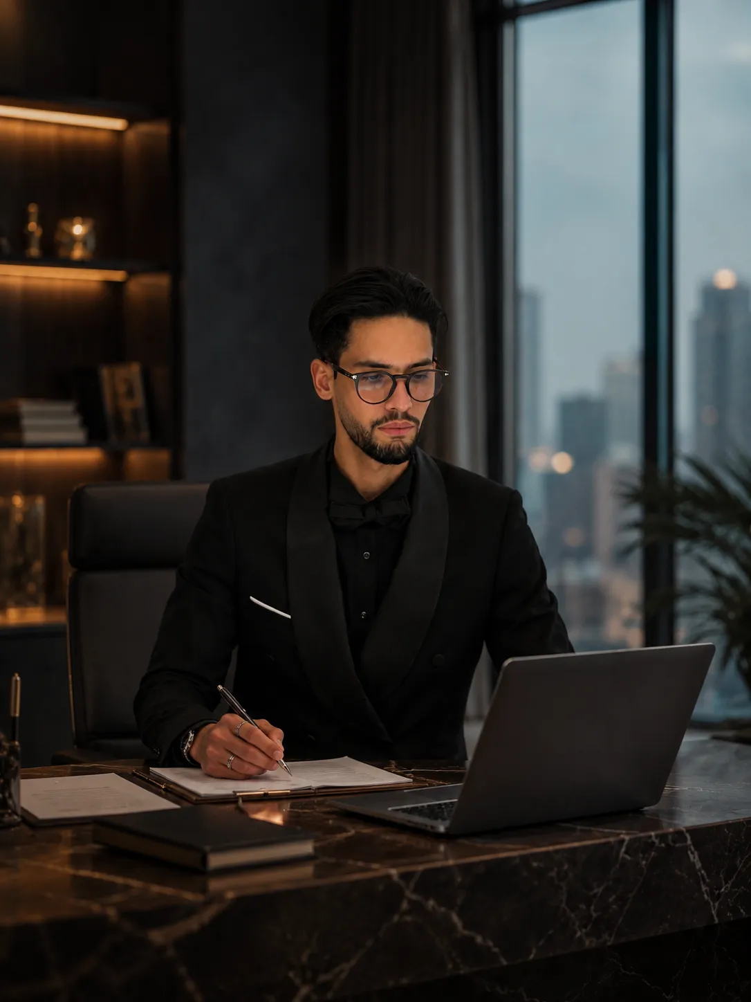 Moro & Partners founder at his Dubai desk reviewing real estate consulting strategy